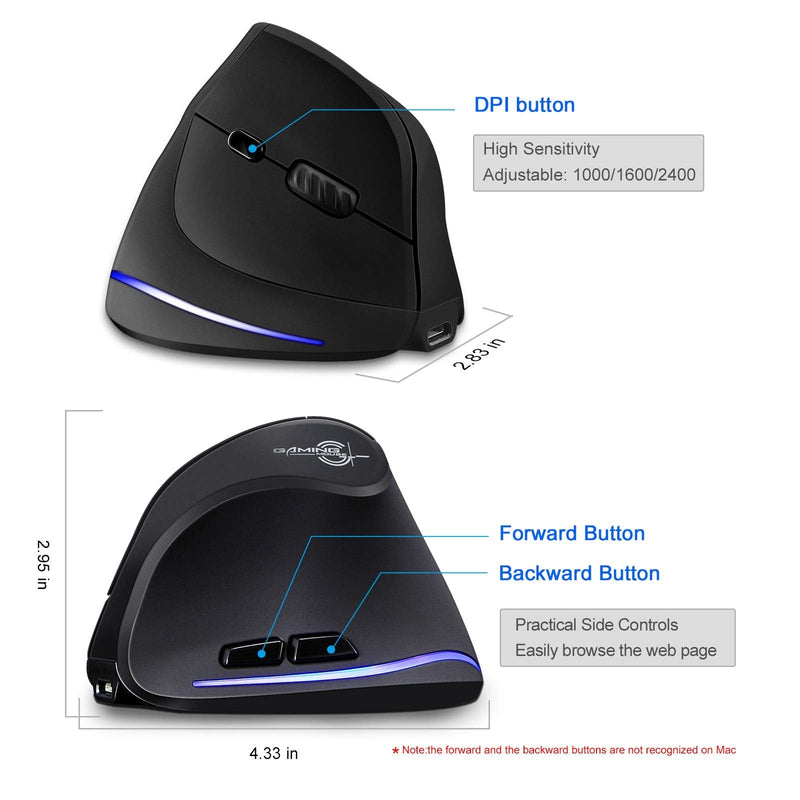 TRELC Ergonomic Mouse, 2.4G Wireless Vertical Optical Mouse with Adjustable Sensitivity (1000/1600/2400 DPI), 6 Buttons for PC, Desktop, Laptop, Notebook (Black) 2.4GHz
