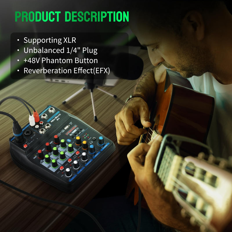 DJ Audio Mixer, DJ Mixers 4 Channel Sound Board with Bluetooth, NEW BAXS Sound Mixer Board XRL/1/4" Interface, USB/MP3 Computer Input 48V Phantom Power Stereo DJ Studio Streaming KTV Stage