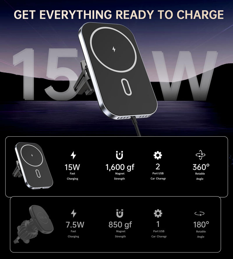 Mukiya for MagSafe Car Mount Charger with Adapter, 360° Rotation Magnetic Wireless iPhone Car Charger for Air Vent, Compatible with iPhone 17/16/15/14/13/12 Series, Gifts for Husband/Men Black