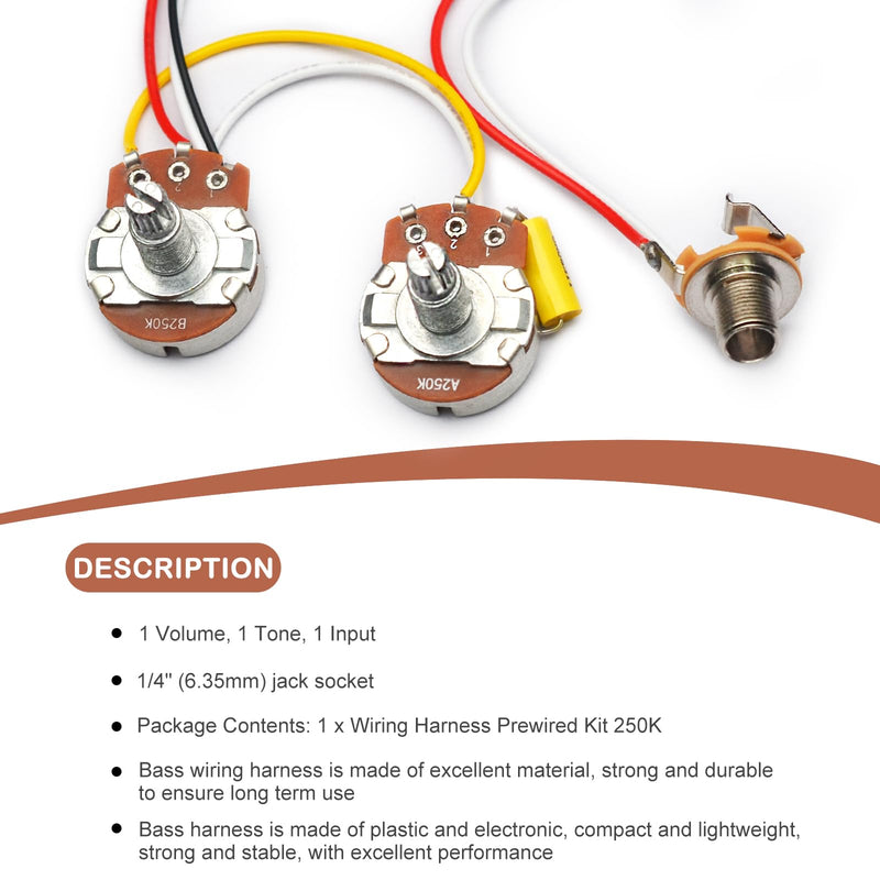 SAPHUE PB Bass Wiring Harness Prewired Kit for Precision Bass Guitar Big 250K Pots 1 Volume 1 Tone Jack