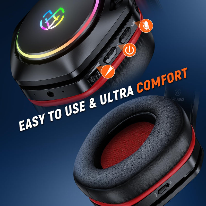 Tatybo Wireless Gaming Headset for PS5 PC, Dual Mode, Low Latency, Red | 7.1 Surround Sound, Bluetooth+2.4GHz Dual Mode, Noise-Canceling Mic for FPS Battle Royale, 40Hrs for Switch, Mobile, Laptop