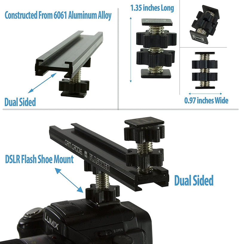 6 Inch Cold Shoe Extension Bracket - Dual Sided Camera Flash Mount with D-Flashner Adapter by Cam Caddie - Black 6 Inch