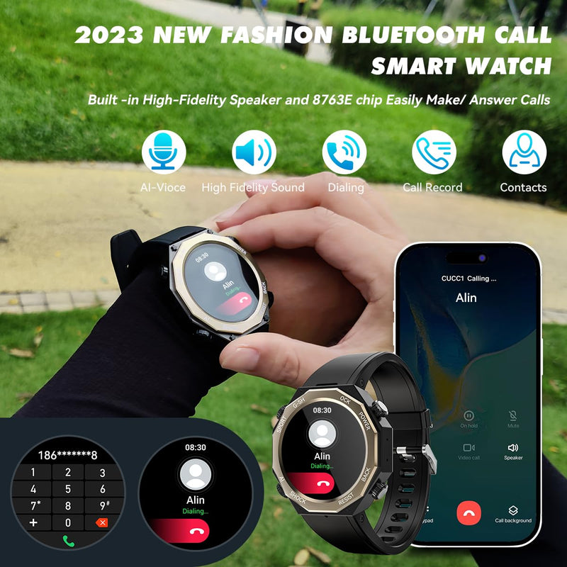Alpha Gear Smart Watch for Men 680mAh 1.45" AMOLED 5ATM Waterproof Fitness Tracker Watch Heart Rate Blood pressure Blood Oxygen Sleep Monitor Bluetooth Calls Military Smartwatch for iOS Android Black