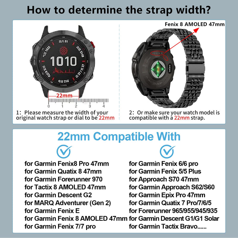 ZPJPPLX 22mm Metal Watch Bands for Fenix 8 47mm E 7 6 Pro 5 plus,Stainless Steel Quickfit Strap for quatix 6 7 8/tactix 8 epix Pro 47mm/Approach S62 S70/Forerunner 970 965 955 945 935/Descent G2 G1 silver gold
