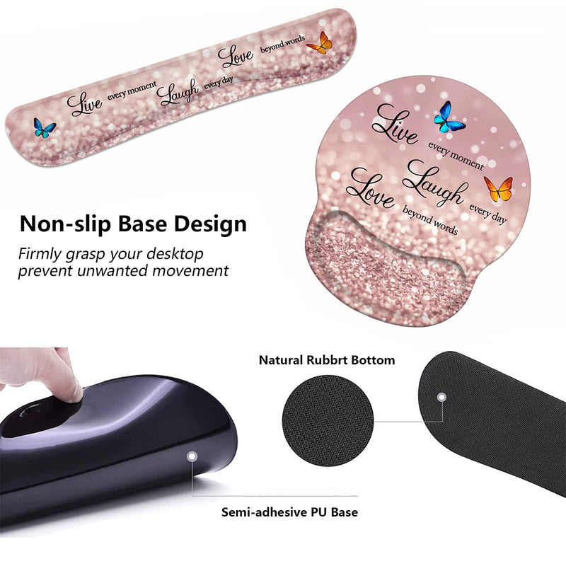 Keyboard Wrist Rest and Mouse Pad Wrist Support Set with Coasters, Non-Slip PU Base Ergonomic Gaming Mousepad for Home Office Working Studying Easy Typing & Pain Relief, Glitter Quote Live Laugh Love