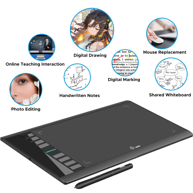 Graphics Drawing Tablet, UGEE M708 10 x 6 inch Large Digital Drawing Pad with 8 Hot Keys 8192 Levels Pen, Graphic Tablets for Computer Graphic Board Creation Sketch for PC/Laptop/Mac OS/Linux/Chrome 10 x 6 inches Wired M708 V3