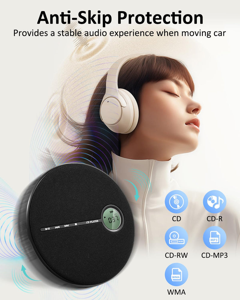 Gelielim Portable CD Player Bluetooth, Personal Discman CD Player for Car & Home,Small Fabric Music Player with Anti-Skip Protection, A-B Repeat,10 Speeds,Stereo Speakers,Supports CD/AUX/USB, Black