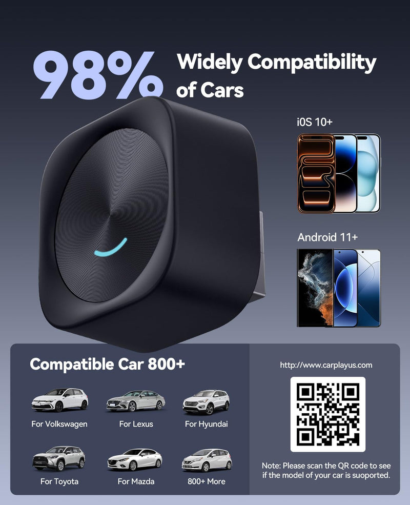 Wireless CarPlay & Android Auto Adapter, Convert Wired to Wireless | Fast Auto Reconnect, Plug & Play for Factory Wired CarPlay Vehicles, Compatible with Most Cars 2016+, Black