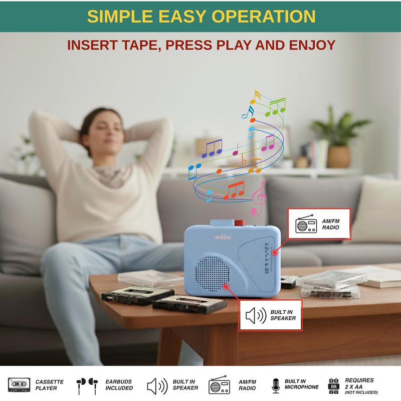 Cassette Tape Player | Portable Battery Operated | Radios Portable AM FM with Built-in Speaker, Tape Voice Recorder, VAS, Aux In Port | Includes Wired Earbuds for Music and Travel BLUE