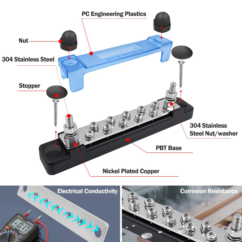 Ground Bus Bar 12V Marine 150A Battery Terminal Block Waterproof 2Pcs | Power Distribution Block with 2 x M6 Post,10 x M4 Terminal Screws Negative Buss Bar for RV 10 Screws Bus Bar