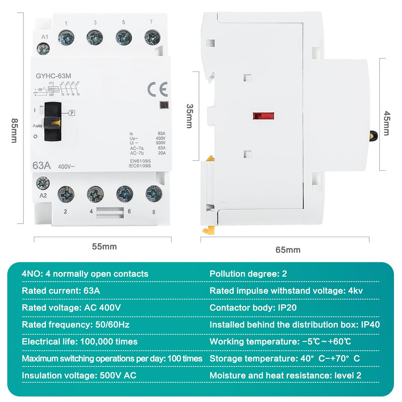 Ailao Contactor 400 V 3 Phase 4 Wire AC Contactor AC Household Contactor 4P 63A 4NO Ultra Quiet and Highly Efficient Flame Retardant DIN Rail Manual Automatic Model