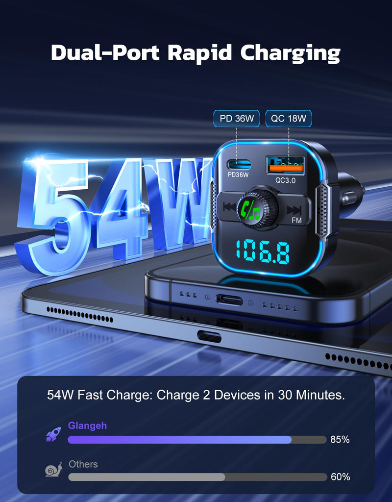 [AUSTRALIA] - RIWUSI Bluetooth 5.3 Car Adapter【PD 36W+QC3.0 18W】, 2-in-1 FM Bluetooth Transmitter 【Dual Stronger Mics】& Fast Car Charger, Wireless FM Radio Adapter Hands-Free Calling, Siri Assistant, Black 