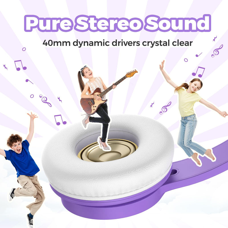 [AUSTRALIA] - TuneFlux Upgraded Kids Headphones, Wired Toddler Headphones, 85dB Limited Volume On Ear Headphones, Portable Foldable Design, Stereo Sound Kids Headphones for School/Tablet/Travel-Purple Purple 