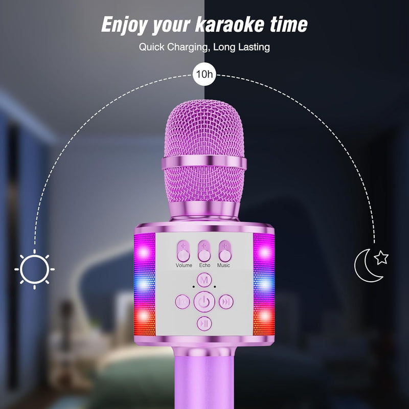 BONAOK Karaoke Microphone for Kids & Adults - Bluetooth Microphones Singing Mic with Disco Lights, Echo Effect, Built-in Speaker Portable Karaoke Player for Party Travel Gifts Q78(Light Purple) Light Purple
