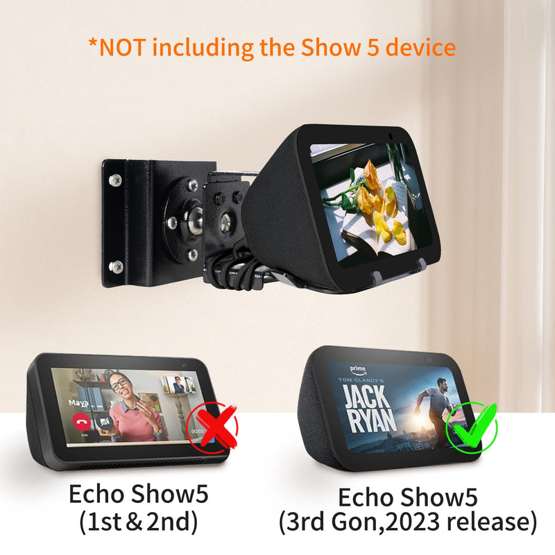 shinar Metal Wall Mount ONLY for Echo Show 5 (3rd Generation) - Swivels up to 360° / Tilts -70° / +70°,Mount Stand Compatible with Show 5 (3rd Gen)&iPhone Models with Wiremanagement (Black) Black