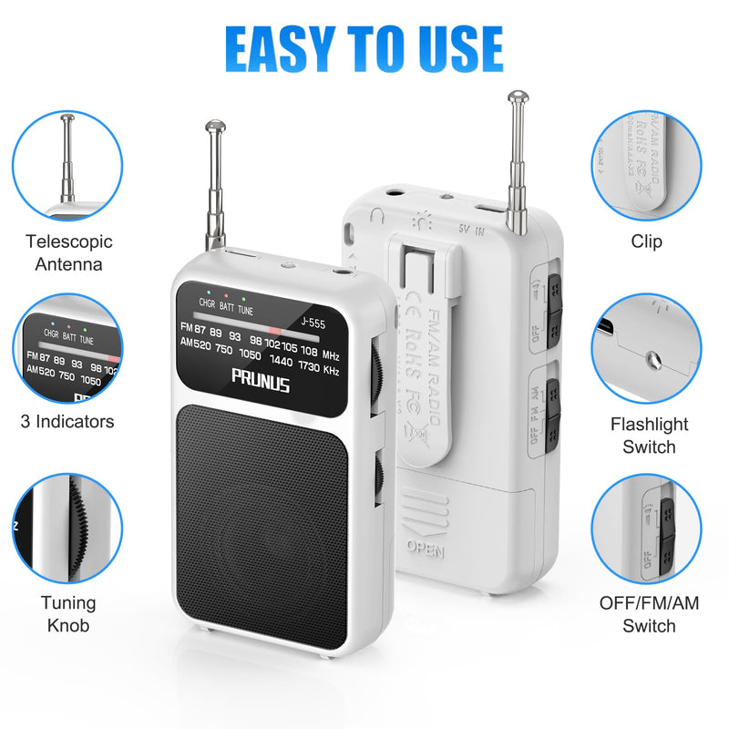 PRUNUS J-555 Pocket Radio AM FM USB-C Charging& Battery Operated, Excellent Reception& Clear Speaker and Headphone Jack, Back Clip, Flashlight, Transistor Radio, Portable Radio AM FM, Mini Radio White