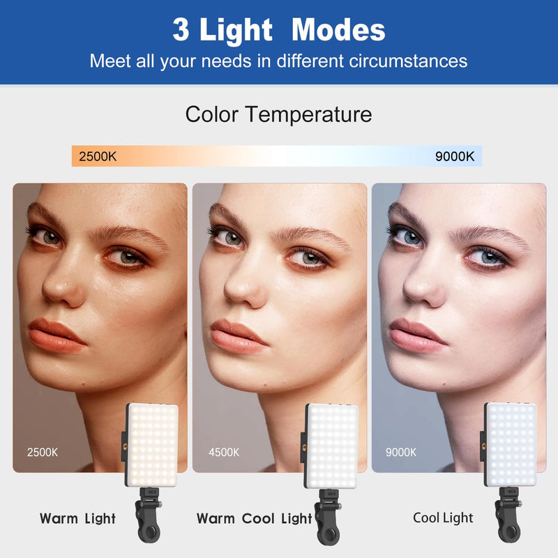 Selfie Light, Phone Light with Front & Back Clip, 60 LED Portable Light with 3 Light Modes, 5000mAh Rechargeable Video Light for Phone, iPhone, IPad, Laptop, TikTok, Makeup, Live Stream, Vlog Black