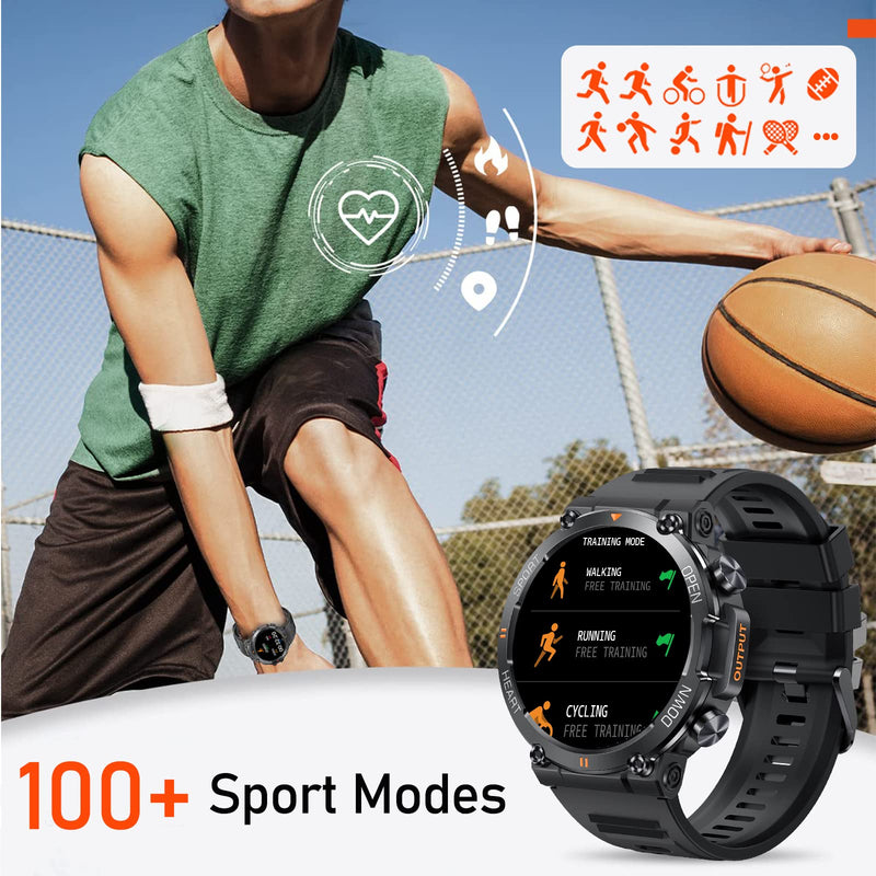 1.39" IPS Screen Smart Watches for Men Rugged Tactical Fitness Tracker with Call (Answer+Dial) Heart Rate SpO2 Sleep Monitor 120+ Sport Modes Waterproof Sport Smartwatch for Android iOS Black