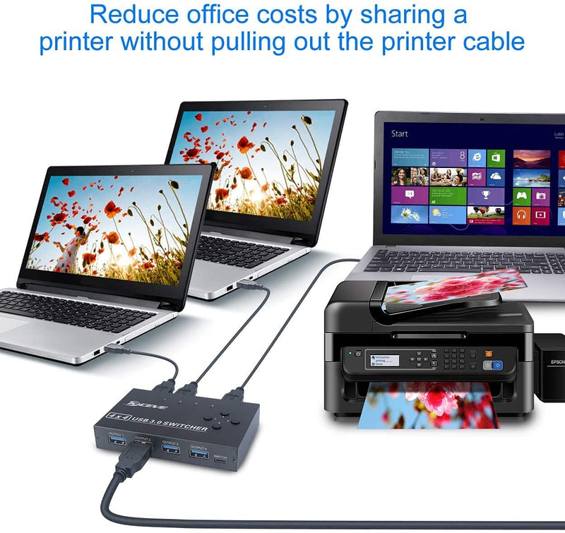 KCEVE USB 3.0 Switch, USB Switcher Selector 4 Computer Sharing 4 USB Devices Printer, Scanner, Mouse, Keyboard, Compatible with Mac/Windows/Linux, with 4 Pack USB 3.0 Cables 4x4 USB Switch