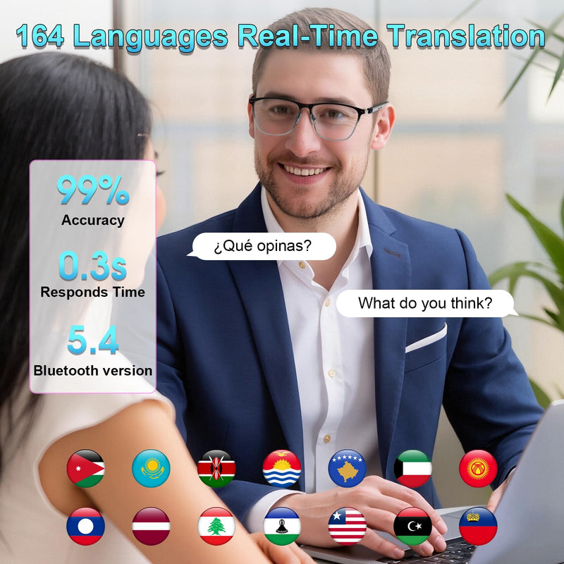 AI Translation Glasses, Bluetooth Smart Glasses with Photochromic Lenses | 164-Language Real-Time Translation, Open-Ear Audio, Voice Assistant, Travel, Business, Daily Wear