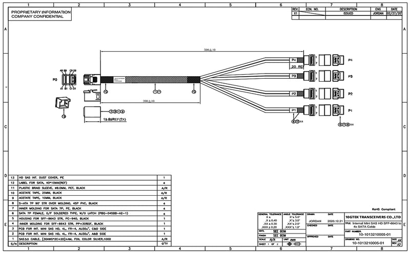 10Gtek MiniSAS HD SFF-8643 Breakout to 4xSATA Cable, Compatible with Raid Controller Hard Drive, SATA Right Angle, 0.5m(1.6ft) SATA(Right Angle)