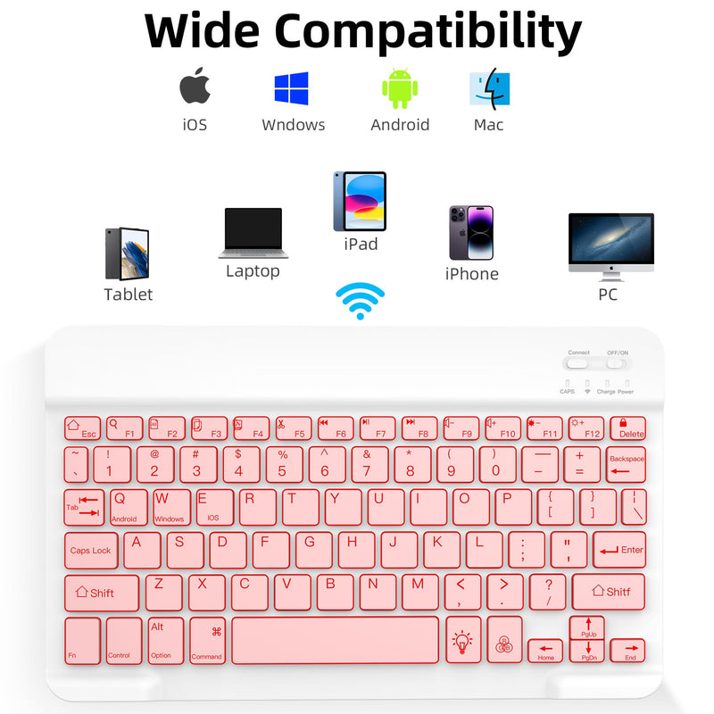 XIWMIX Ultra-Slim Wireless Bluetooth Keyboard-7 Colors Backlit Universal Rechargeable Portable Keyboard for iPad Pro/Air/Mini/iPad 9.7/iPad 10.2/Samsung Tablet & Other iOS Android Windows Devices-Pink light pink backlit