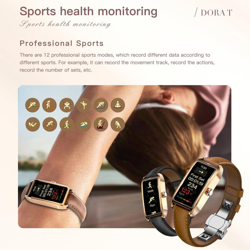 Fitness Tracker for Women Ladies Fitness Watch Dressy Leather Strap Alloy Case Luxury Fashion Heart Rate Monitor Sleep Tracker Pedometer Step Counter Waterproof Elegant Smart Watches for Womens Rose Gold Light Brown