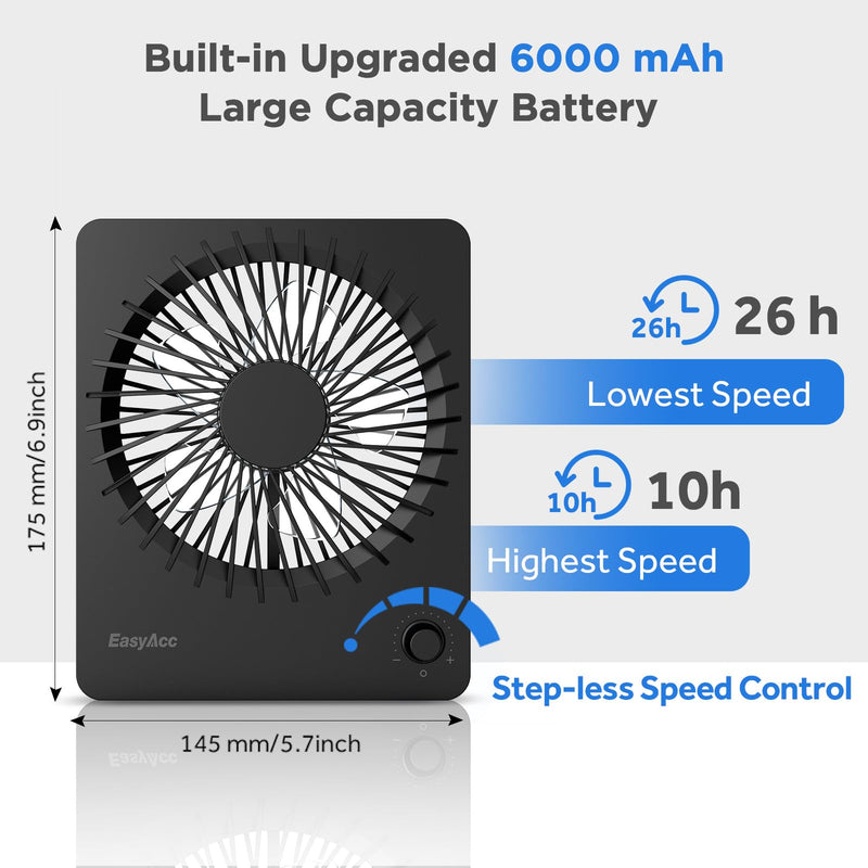 EasyAcc 10000mAh Travel Fan, Usb Desk Fan Portable, Up to 59Hour Runtime | 6"W x8“H, Ultra-Slim Design, Quiet Stepless Speed Control for Sleeping, Battery Powered Rechargeable Fan, Cruises Essential Black-6000 Battery