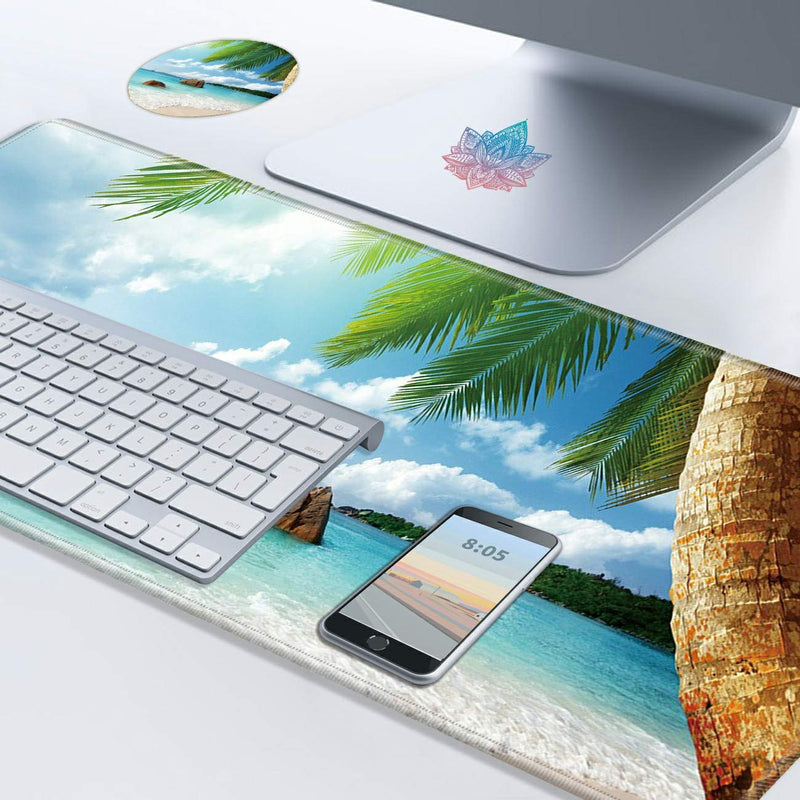Desk Mat, Multifunctional Desk Pad for Keyboard and Mouse, with Cute Coasters and Mandala Stickers with Stitched Edges Non Slip Base Laptop Mouse pad for Office and Home, Seaside Tropical Palm Tree