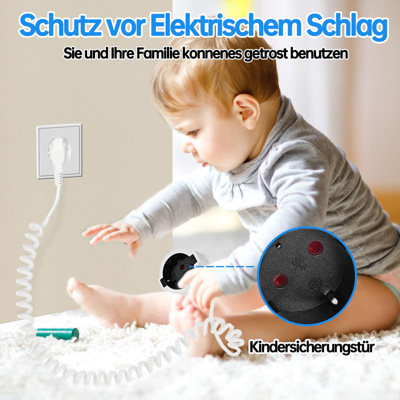 Schuko Extension Cable Spiral Cable 2 m Protective Contact Spiral Extension 0.6 m to 2 m Stretchy Spiral Cable Plug Extension Short with Coupling 230 V/16 A for Home, Office, Outdoor, White Schuko extension cable, coiled cable, white