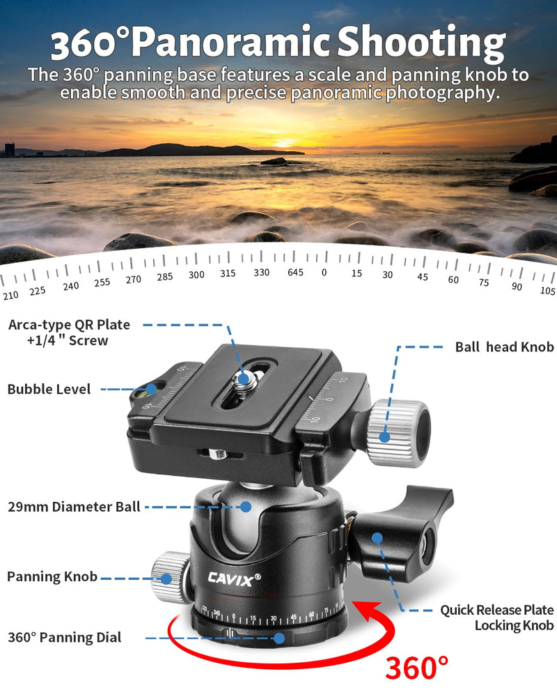 Low Profile Ball Head, CAVIX H-29S Camera Tripod Head Metal Ball Head with Arca Swiss Quick Release Plate Bubble Level Load Capacity 22 Lbs/10kg… Ball Dia. 29mm