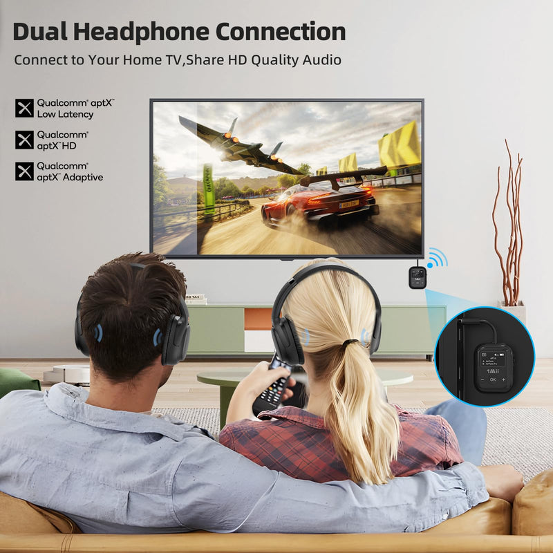 Airplane Bluetooth 5.3 Transmitter for All Headphones - Bluetooth Adapter for TV - Dual Connection - aptX Low Latency - Flying Travel,Long Flight Essentials - Wireless Audio Aux for MP3,Game,PC-Black Black