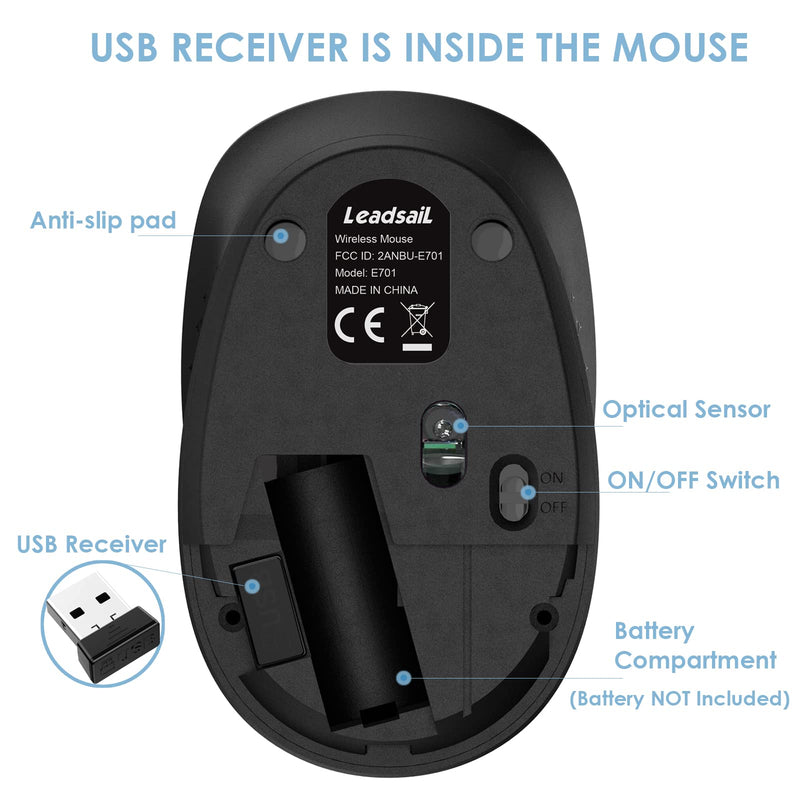 LeadsaiL Wireless Mouse for Laptop 2.4G Silent Cordless USB Mouse Slim Wireless Optical Computer Mouse, 3 Buttons, AA Battery Used,1600 DPI for Windows 10/8/7/Mac/Macbook Pro/Air/HP/Dell/Lenovo/Acer Black&Red