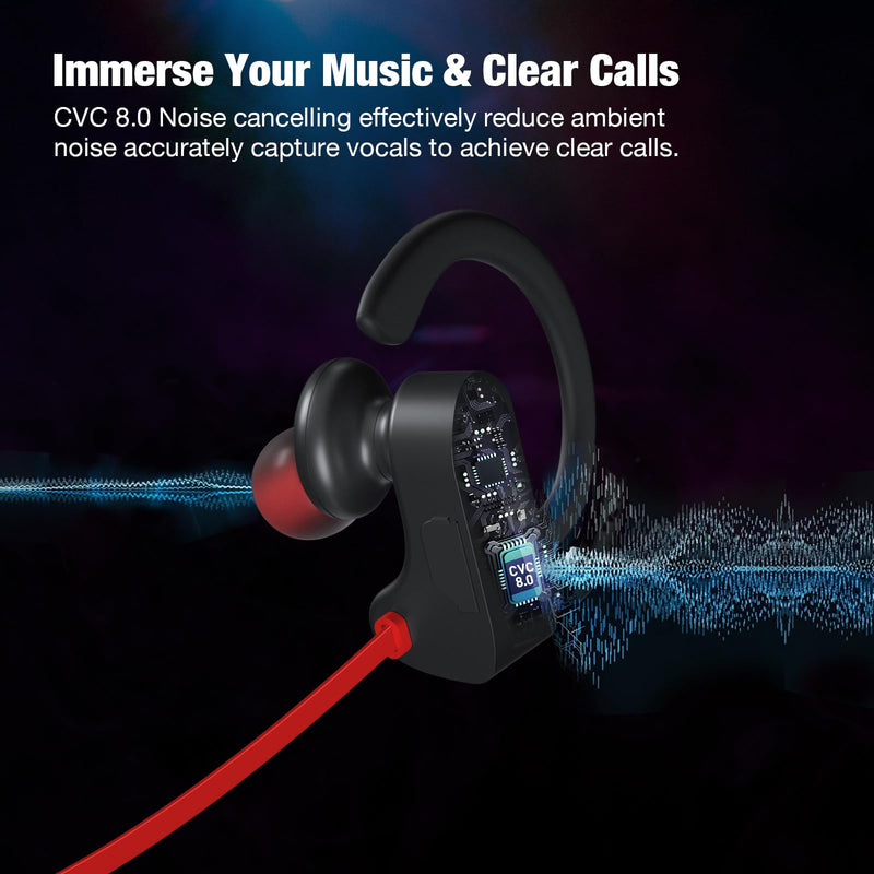 Bluetooth Headphones Wireless Earbuds 16H Playtime Wireless Headphones IPX7 Waterproof Bluetooth 5.3 Running Headphones with Mic Stereo In Ear Earphones Sound Isolation for Workout, Sports Red A, Red