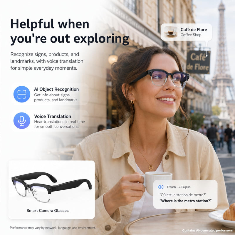 Smart Camera Glasses, 8MP POV Video and Bluetooth Audio,Bluelight | 8MP POV recording with blue light lenses, WiFi transfer and open-ear audio for work, commuting and everyday moments. White