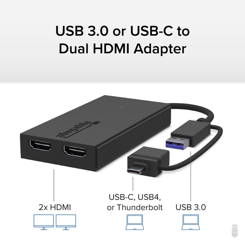 Plugable Dual HDMI Monitor Adapter for M1-M5 & Neo macOS, Windows, ChromeOS - USB-C, Thunderbolt, USB 3.0 Compatible, Supports 2 Displays at 1080p 60Hz, SMI Driver Required