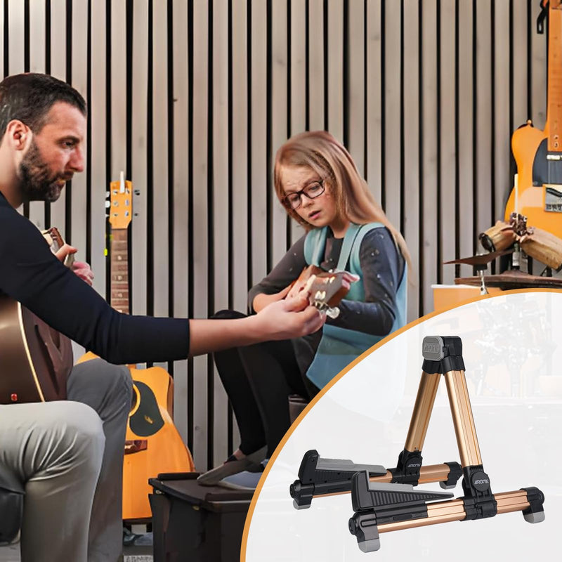 Guitar Stand - Foldable Aluminum Guitar Floor Stand Adjustable for All Types of Guitars, Basses, Ukuleles and Violins, Banjo Easy to Carry Steady Stand Safe Protection (Gold) Gold