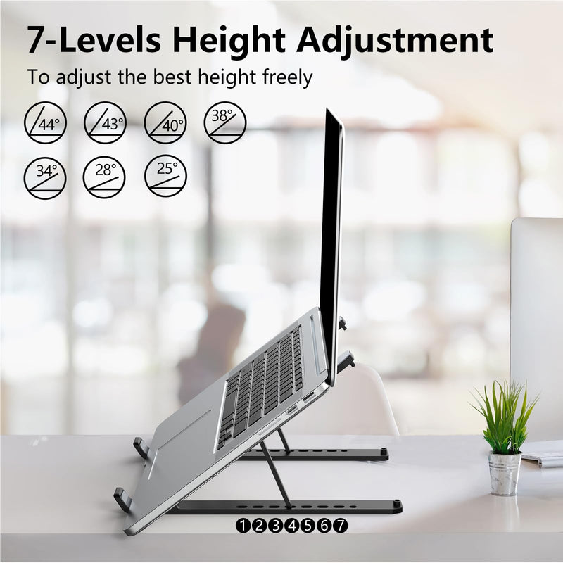 Laptop Stand for Desk, Adjustable Laptop Riser ABS+Silicone Foldable Portable Laptop Holder, Ventilated Cooling Notebook Stand for 10-15.6” Laptops,Tablet-Black Black