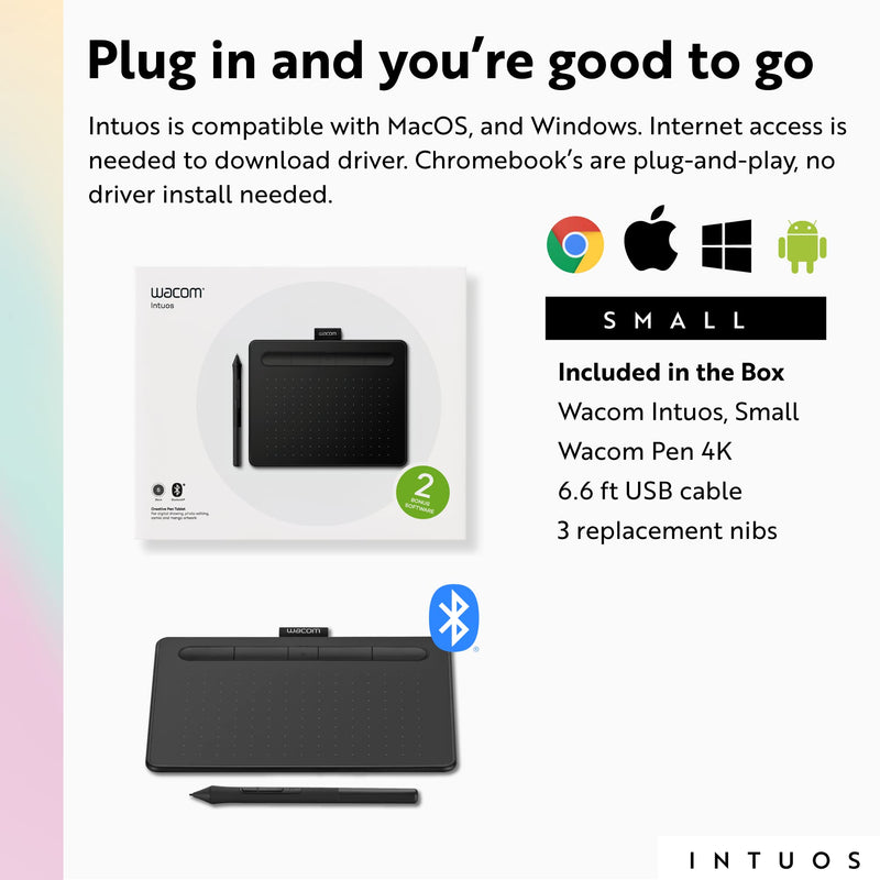 Wacom Intuos Small Bluetooth Graphics Drawing Tablet, 4 Customizable ExpressKeys, Portable for Teachers, Students and Creators, Compatible with Chromebook Mac OS Android and Windows - Black Small Wireless