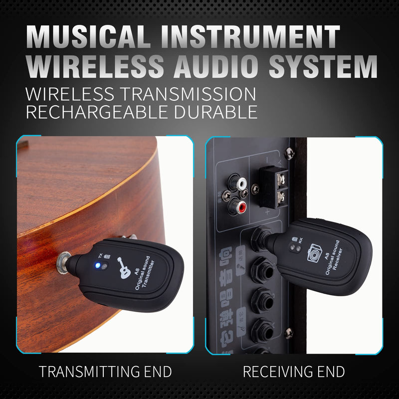 Wireless Guitar System - Transmitter Receiver with Built-in Rechargeable Battery, 4 Channels for Electric Guitar, Bass, Violin