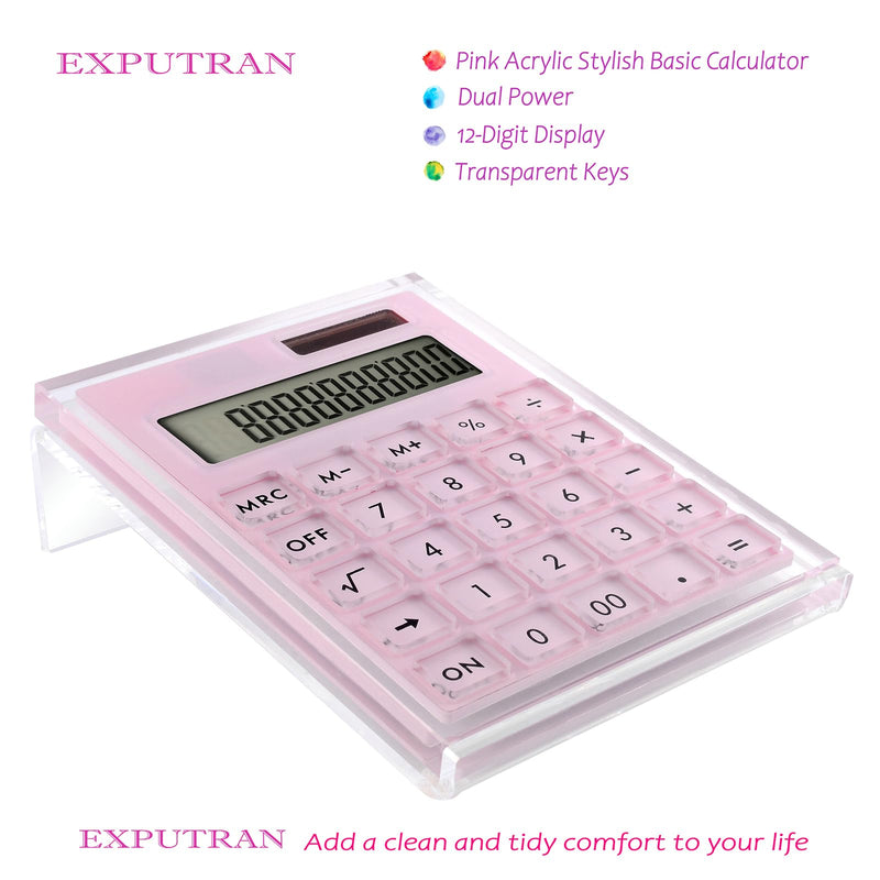 Acrylic Calculator with Stand, Battery and Solar Hybrid Powered Basic Calculator 12-Digit LCD Display,Home Office Desktop Accessories(Pink) Pink