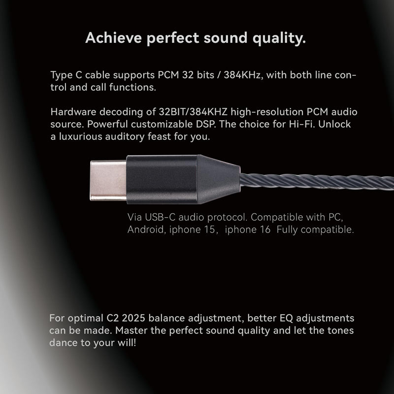 TINHIFI C2 HiFi IEM | LCP+PU Composite Diaphragm | 0.78mm 2-Pin Gold-Plated Cable | High-Resolution in-Ear Monitors for FPS Gaming & Music (Black, C2 2025 Type-C+Mic) Black