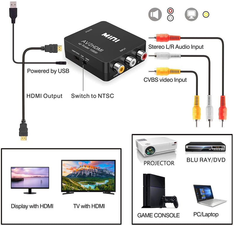 RCA to HDMI Converter,Mini Composite AV to HDMI Video Adapter Box for Smart TV/VCR/DVD/VHS Player/Roku/PS2 Game Console/N64/Wii,with USB Power Cable,Supporting PAL/NTSC Black