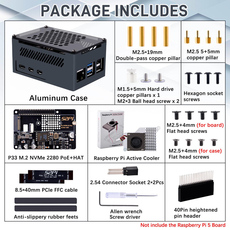 GeeekPi P33 M.2 NVME M-Key PoE+ Hat with Official Pi 5 Active Cooler and Aluminum Case for Raspberry Pi 5, Support M.2 NVMe SSDs 2230/2242/2260/2280
