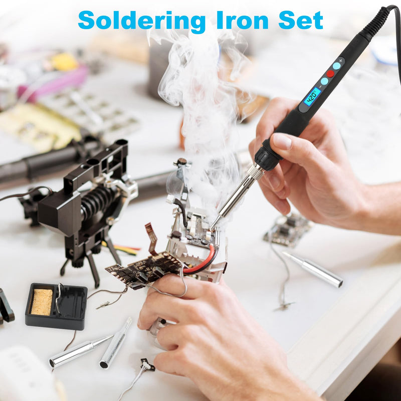 VFANDV Soldering Iron Set, 60 W Soldering Set with Adjustable Temperature Switch 200 °C - 500 °C with On/Off and 10 g Soldering Wire, 5 Soldering Tips, Soldering Iron Stand, Wired Soldering Iron for
