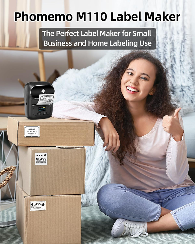 Phomemo M110 Label Makers - Barcode Label Printer Bluetooth Portable Thermal Printer for Small Business, Address, Logo, Clothing, Mailing, Sticker Printer for Phones & PC, Black 1 Printer + 1 Roll Label