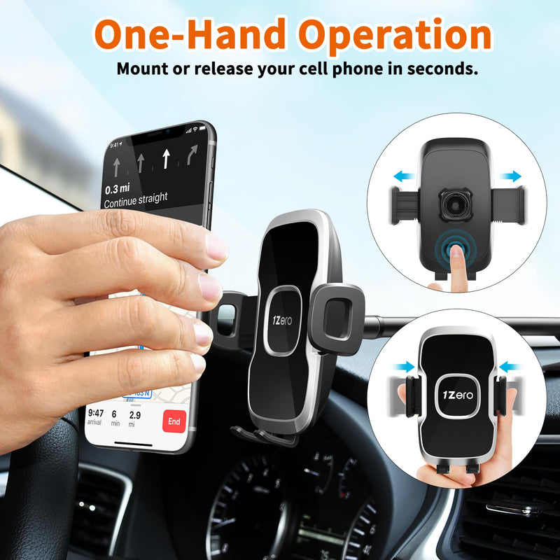 1Zero Solid Car Truck Phone Mount Holder with 14-Inch Gooseneck Long Arm, Windshield Window Mobile Holders w/Industrial-Strength Suction Cup, Anti-Shake Stabilizer Compatible All Cell Phones iPhone Black Mirror Surface with Silver Ring