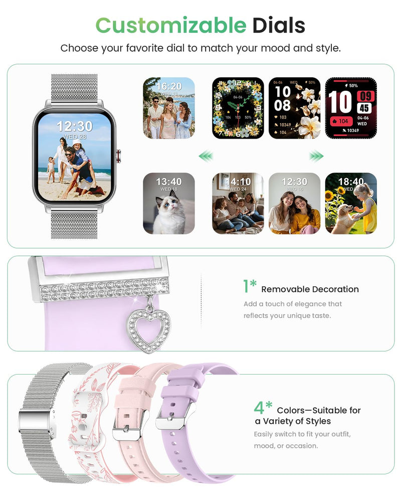 Smart Watch for Women with Bluetooth Call, 1.85'' Waterproof Smartwatches with 100+ Sport Modes Pedometer Heart Rate/SpO2/Sleep Monitor, Fitness Activity Trackers for iPhone Android, Silver