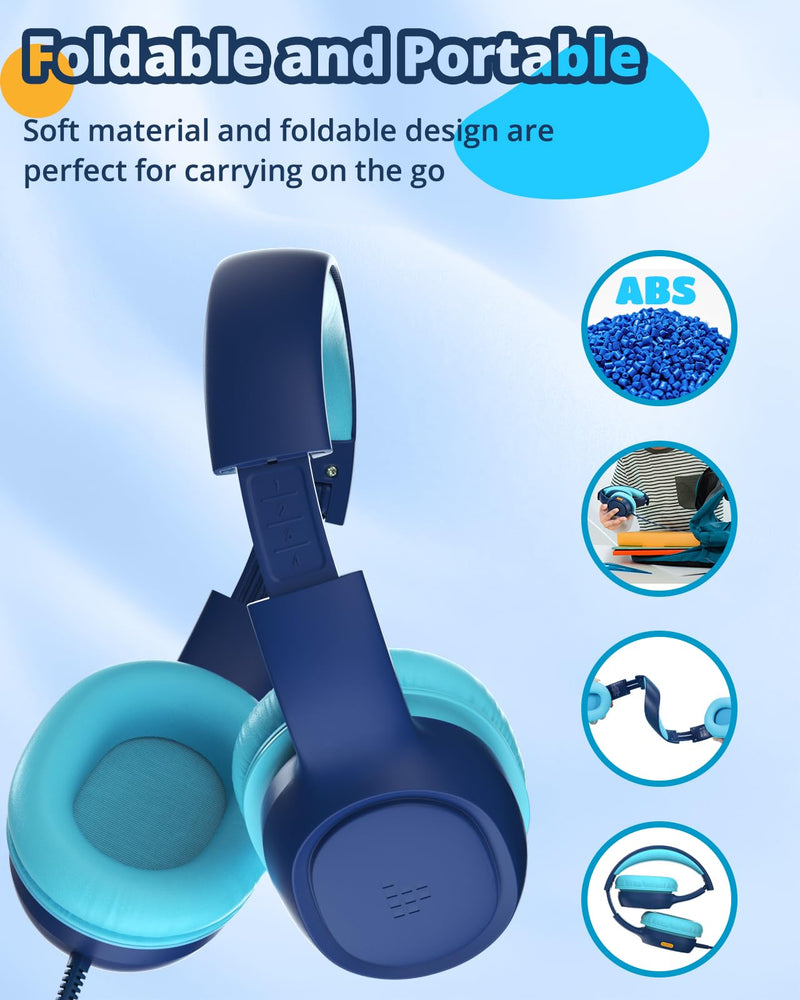 [AUSTRALIA] - Tronsmart Kids Headphones for School Travel, Foldable Safe Volume 85/93dB, HD Stereo Sound Over-Ear Boys Girls Headphones for Kid, 3.5mm kids headphones with cord for iPad, Kindle, Tablets,KH01(Blue) Blue 
