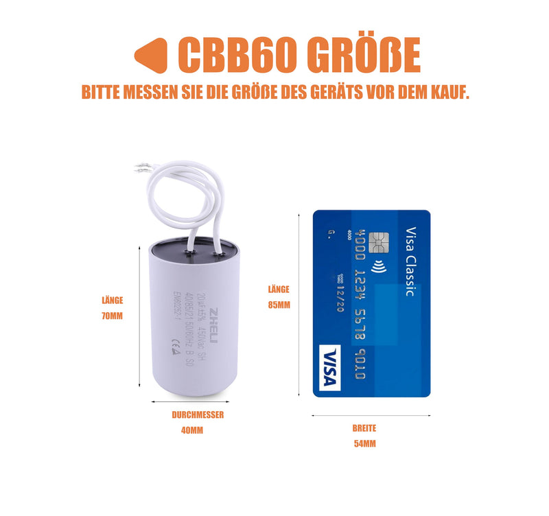 CBB60 20uF Motor Run Capacitor MFD 450VAC 50/60hz Cylindrical 40 mm x 70 mm (DE-20uF)